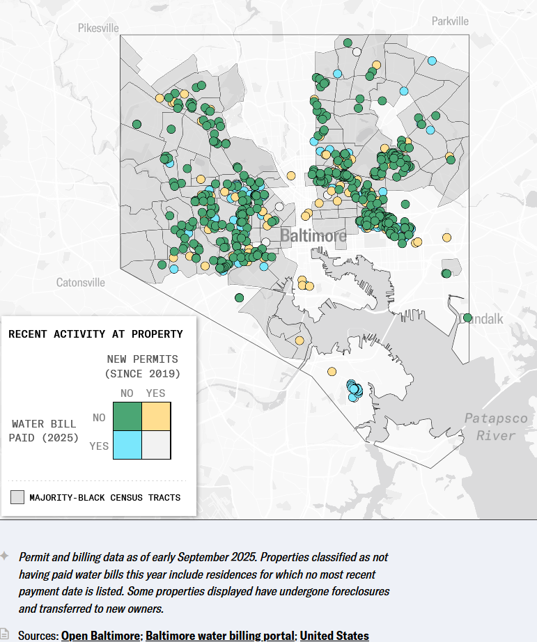 Map of baltimore showing where water bills recently paid/not paid and new permits. Shows many properties with neither water bill paid lately or permit filed, mostly in majority-black census tracts.